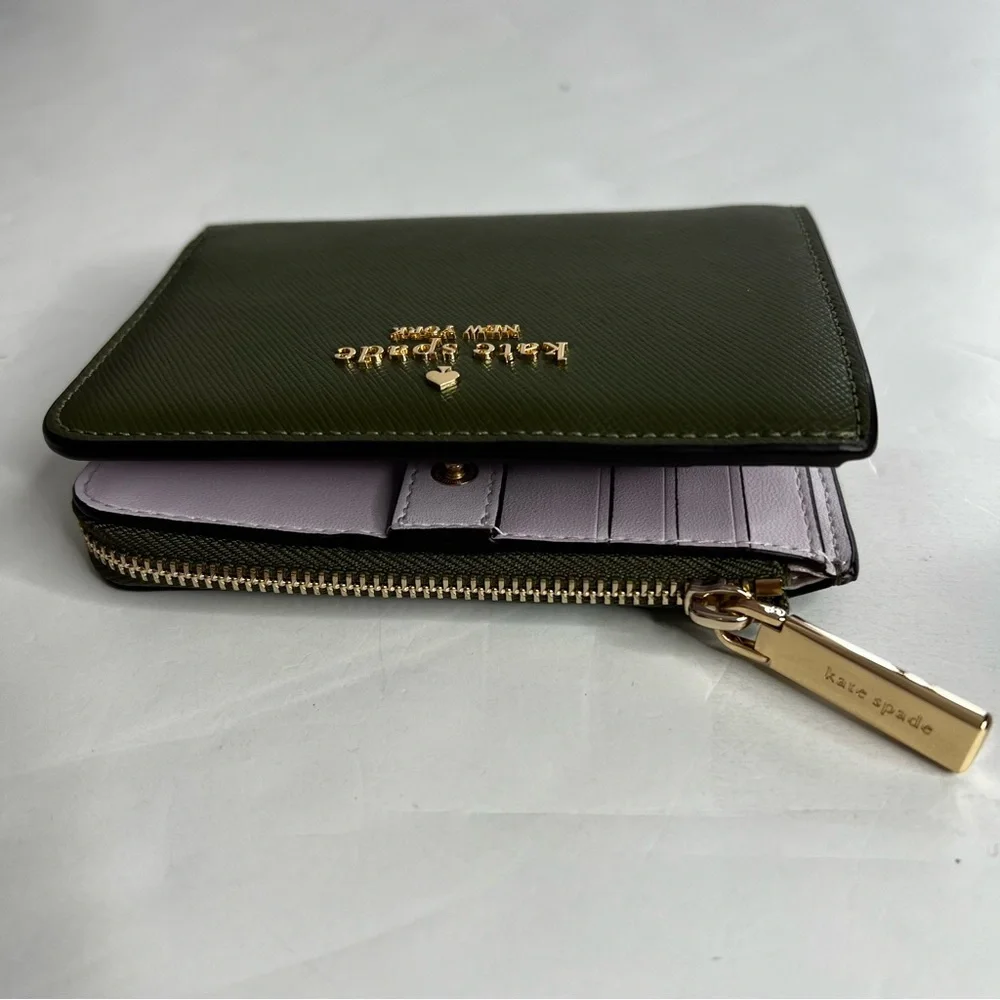 Kate Spade Small L-zip Wallet Green Gold Hardware Snap Closure Pinmount Logo